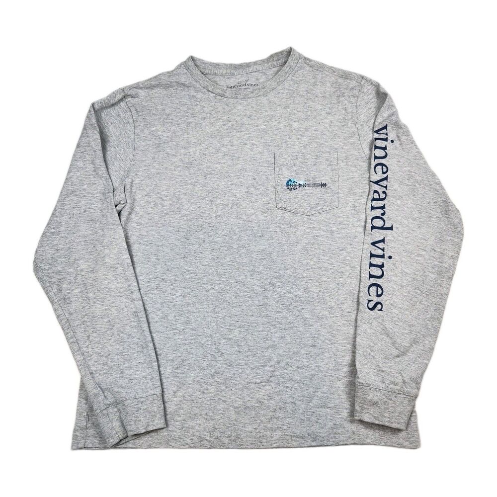 Vineyard Vines Long Sleeve Pocket T-Shirt Gray Men S Tropical Design Text Sleeve - Picture 1 of 9
